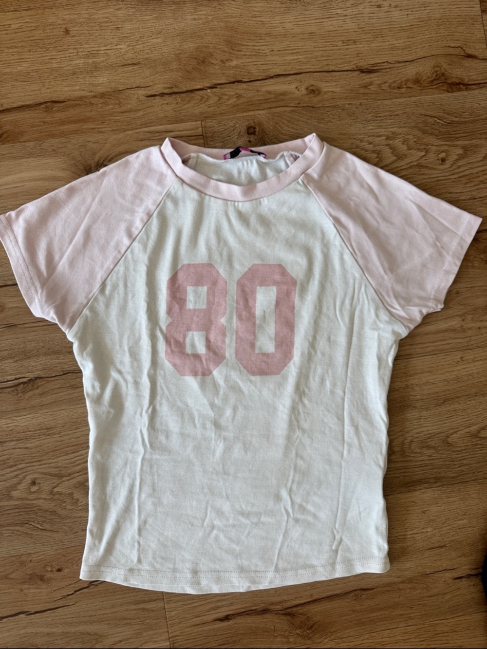 Edikted White Tee with Light Pink Raglan Sleeves and '80' Graphic